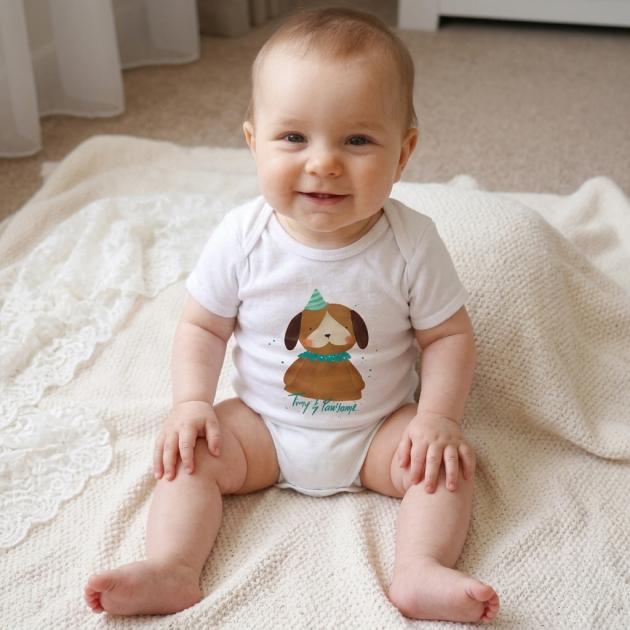 χαρούμενο-μωρό-που-φοράει-το-λευκό-onesie-σκυλάκι-της-συλλογής-tiny-pawsome